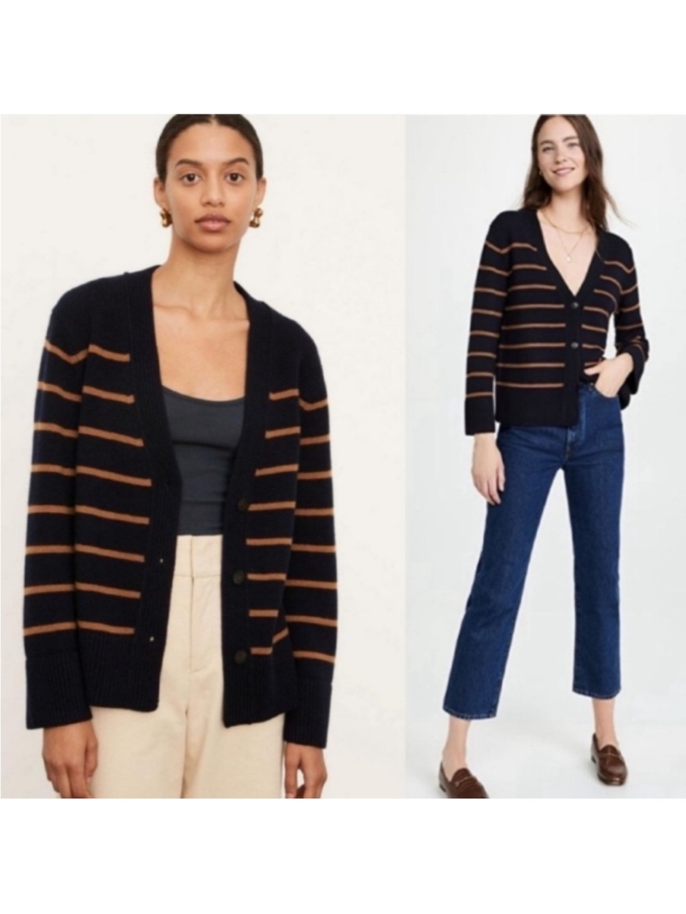 Vince Cardigan Breton Navy Striped Coastal Nautical Wool Cashmere Blend Medium